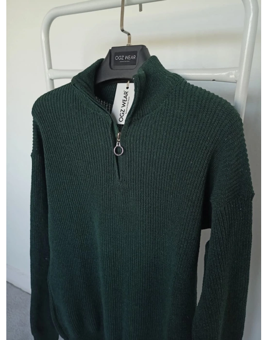 Koyu Yeşil Selanik Örgü Yarım Femuar Detaylı Uzun Kollu Triko