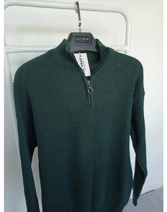 Koyu Yeşil Selanik Örgü Yarım Femuar Detaylı Uzun Kollu Triko