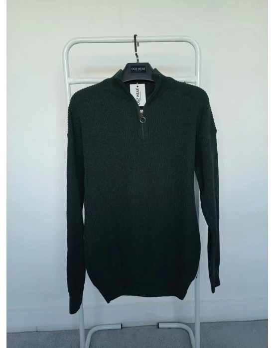 Koyu Yeşil Selanik Örgü Yarım Femuar Detaylı Uzun Kollu Triko