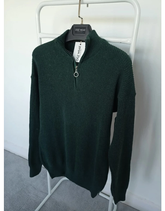 Koyu Yeşil Selanik Örgü Yarım Femuar Detaylı Uzun Kollu Triko