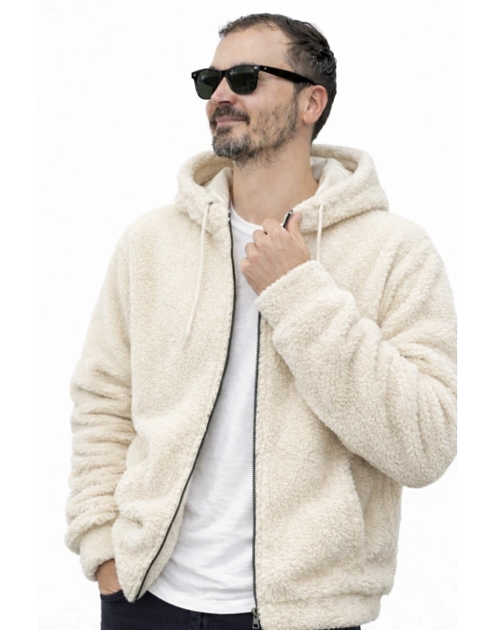 Krem Kapşonlu İçi Astarlı Unisex Peluş Mont