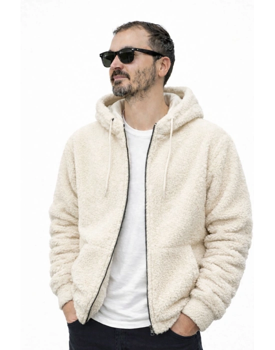 Krem Kapşonlu İçi Astarlı Unisex Peluş Mont