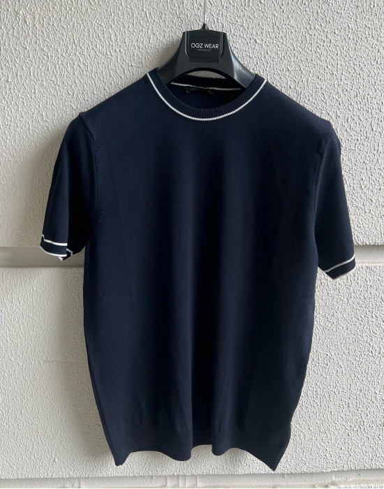 Lacivert Çizgi Detay Bisiklet Yaka Premium Kumaş Triko T-Shirt