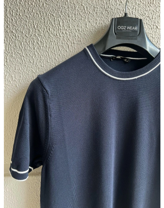 Lacivert Çizgi Detay Bisiklet Yaka Premium Kumaş Triko T-Shirt