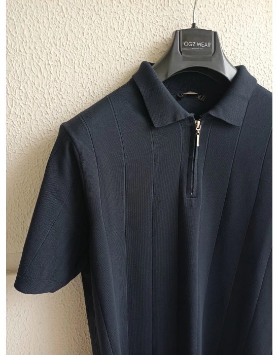 Lacivert Çizgi Detaylı Basic Premium Kumaş Triko T-Shirt