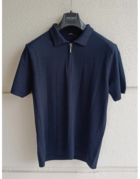 Lacivert Çizgi Detaylı Basic Premium Kumaş Triko T-Shirt