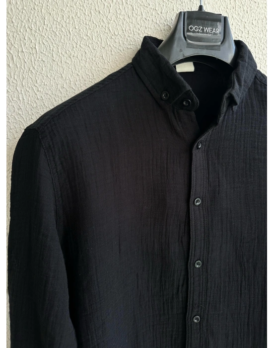 Siyah Müslin Keten Premium Kumaş Gömlek