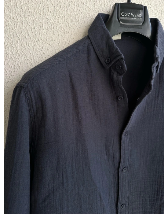 Lacivert Müslin Keten Premium Kumaş Gömlek