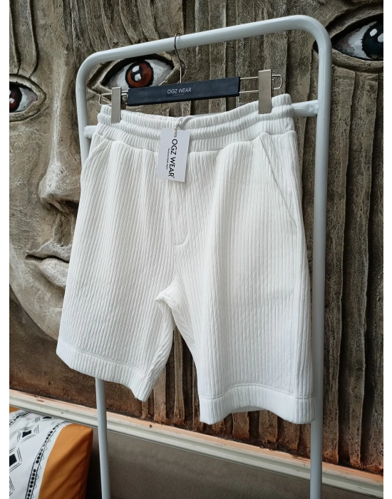 Beyaz Raşel Nefes Alan Kumaş Cepli Beli Lastikli Erkek Şort