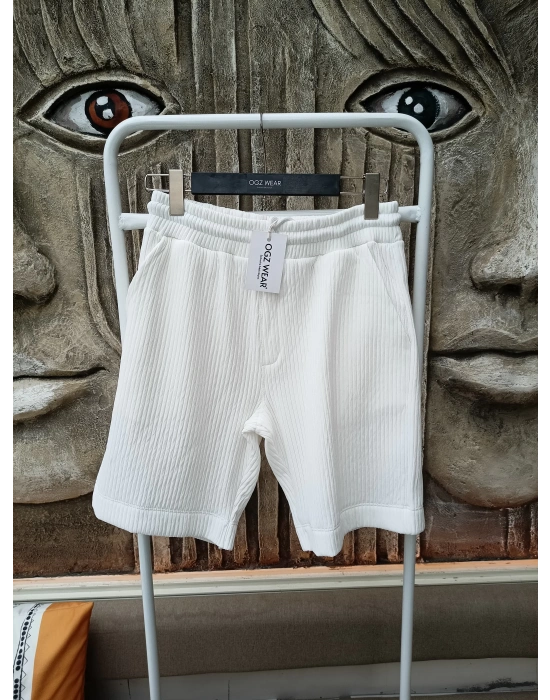 Beyaz Raşel Nefes Alan Kumaş Cepli Beli Lastikli Erkek Şort
