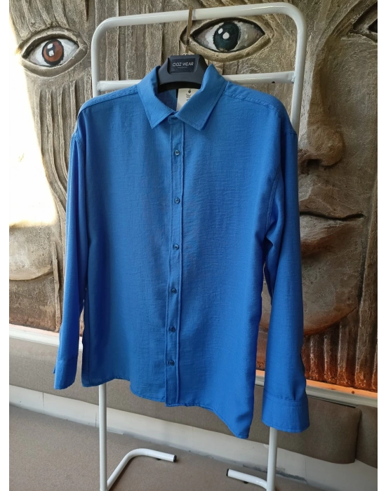 Mavi Bambu Keten Premium Kumaş Oversize Kalıp Gömlek