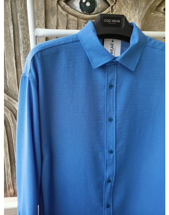 Mavi Bambu Keten Premium Kumaş Oversize Kalıp Gömlek