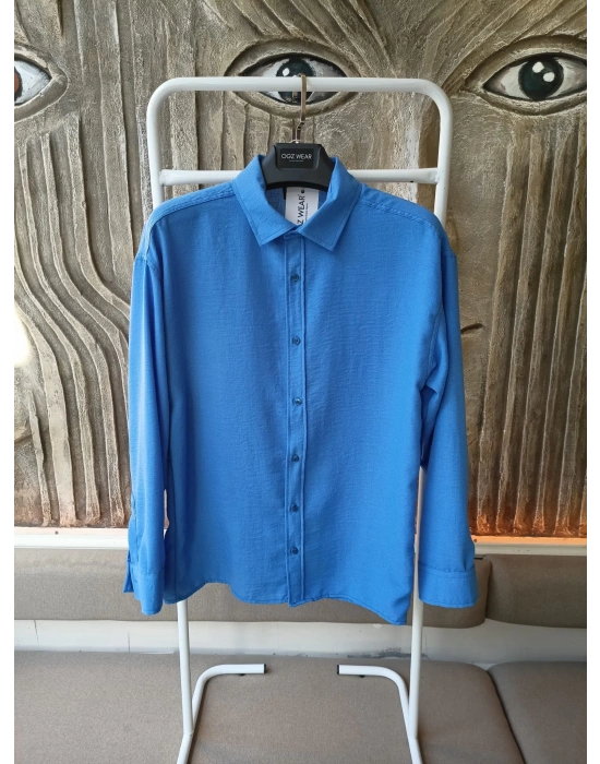 Mavi Bambu Keten Premium Kumaş Oversize Kalıp Gömlek