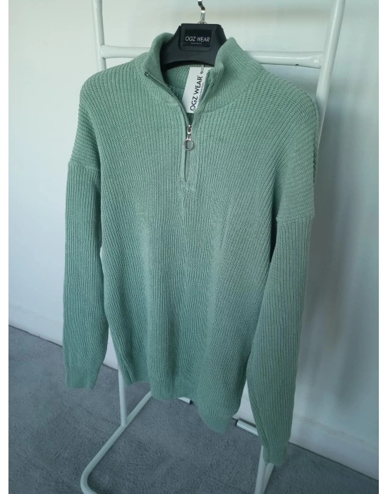 Mint Yeşili Selanik Örgü Yarım Femuar Detaylı Uzun Kollu Triko