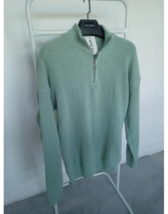 Mint Yeşili Selanik Örgü Yarım Femuar Detaylı Uzun Kollu Triko