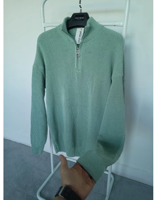 Mint Yeşili Selanik Örgü Yarım Femuar Detaylı Uzun Kollu Triko