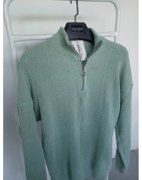 Mint Yeşili Selanik Örgü Yarım Femuar Detaylı Uzun Kollu Triko