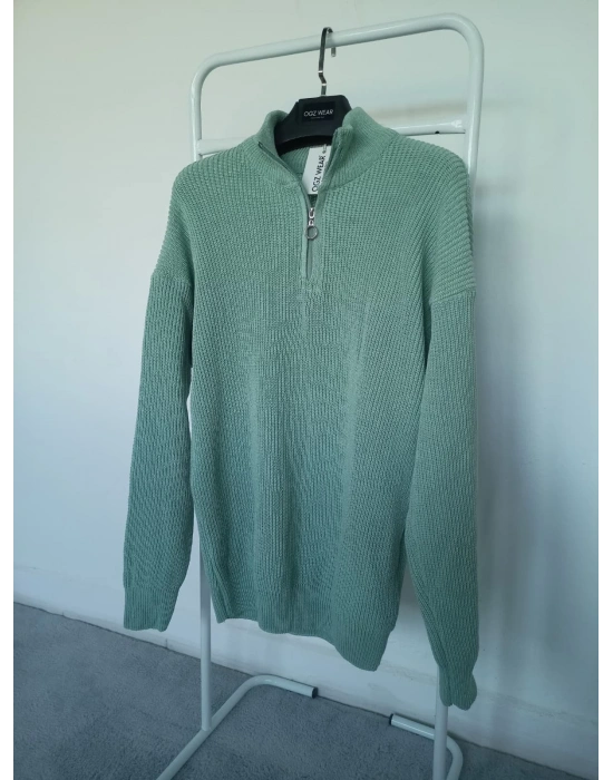 Mint Yeşili Selanik Örgü Yarım Femuar Detaylı Uzun Kollu Triko