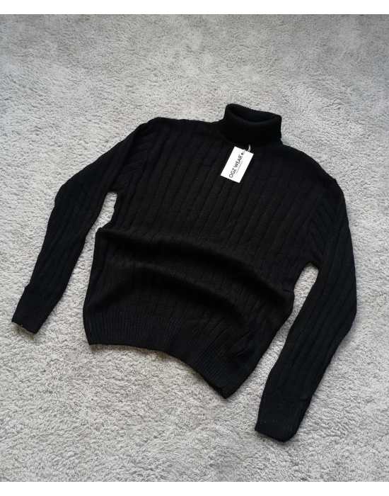 Siyah Balıkçı Yaka Premium Pamuklu Triko Kazak