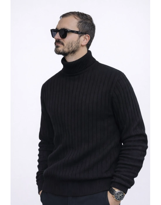 Siyah Balıkçı Yaka Premium Pamuklu Triko Kazak