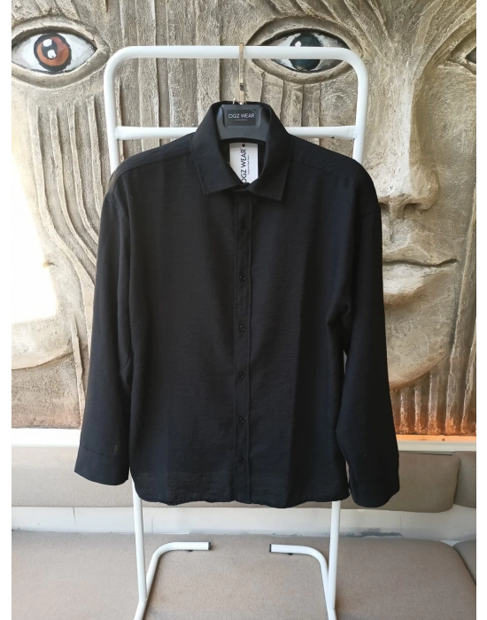 Siyah Bambu Keten Premium Kumaş Oversize Kalıp Gömlek