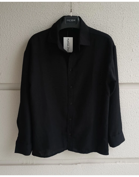 Siyah Bambu Keten Premium Kumaş Oversize Kalıp Gömlek
