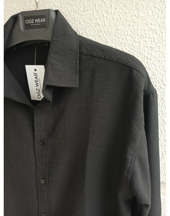 Siyah Bambu Keten Premium Kumaş Oversize Kalıp Gömlek