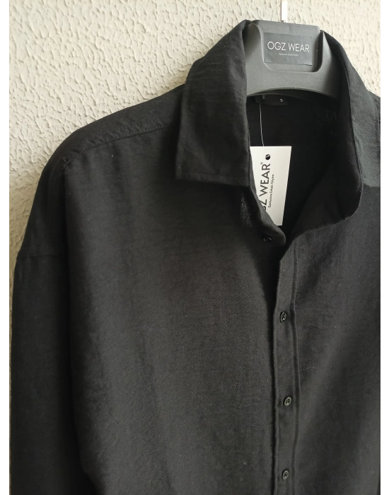 Siyah Bambu Keten Premium Kumaş Oversize Kalıp Gömlek