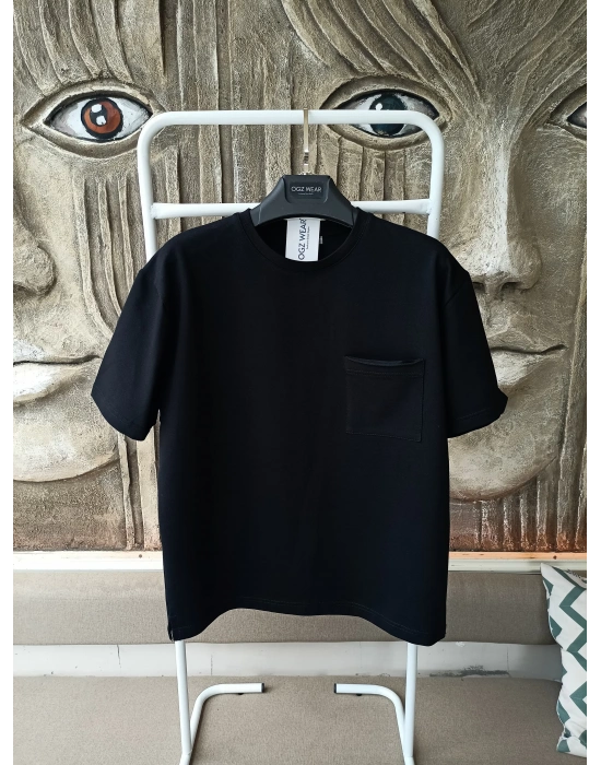 Siyah Basic Cep Detaylı Premium Oversize T-Shirt