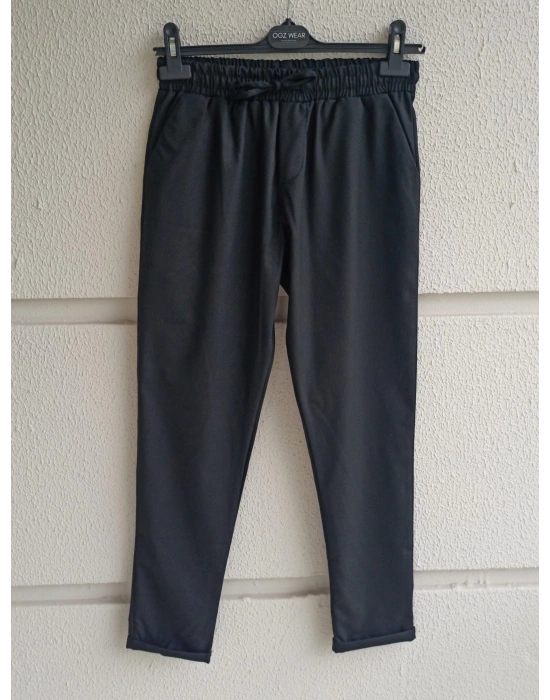 Siyah Beli Lastikli Duble Paça Premium Kumaş Pantolon