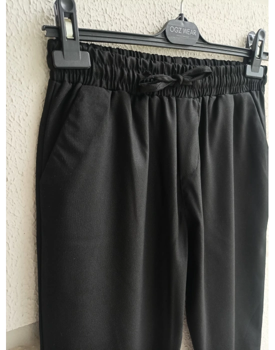 Siyah Beli Lastikli Duble Paça Premium Kumaş Pantolon