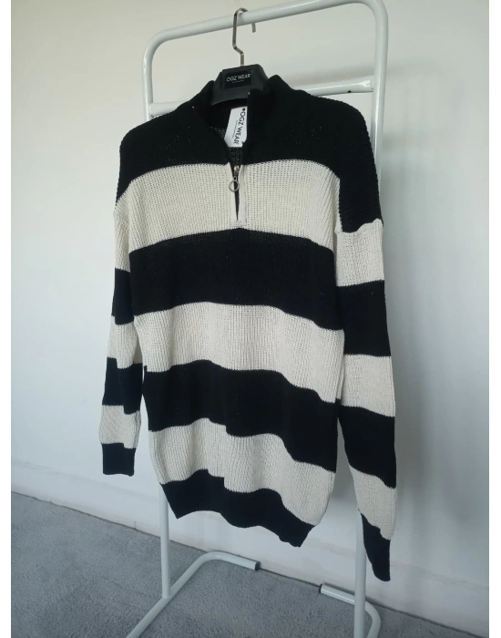 Siyah Beyaz Çizgili Selanik Örgü Yarım Femuar Detaylı Uzun Kollu Triko