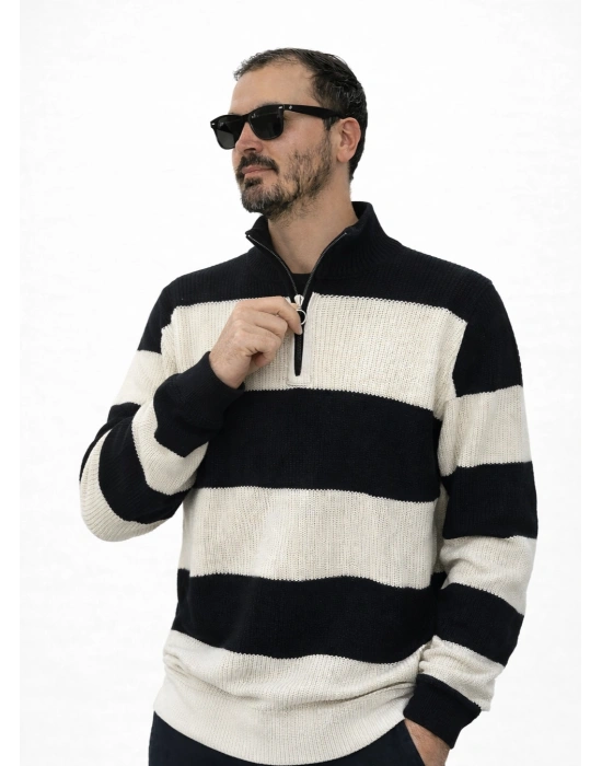 Siyah Beyaz Çizgili Selanik Örgü Yarım Femuar Detaylı Uzun Kollu Triko