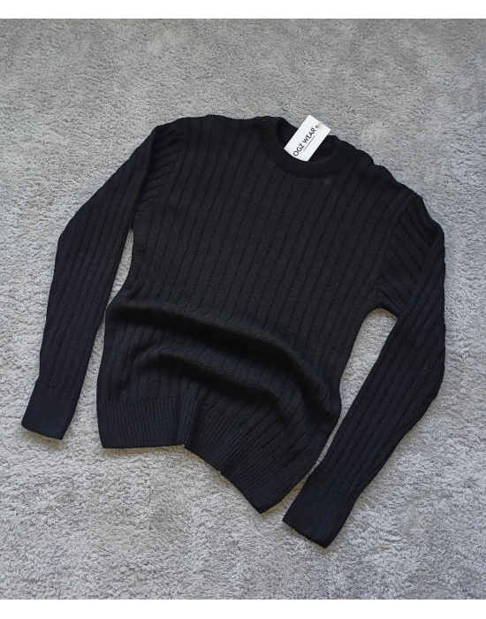 Siyah Bisiklet Yaka Premium Pamuklu Triko Kazak