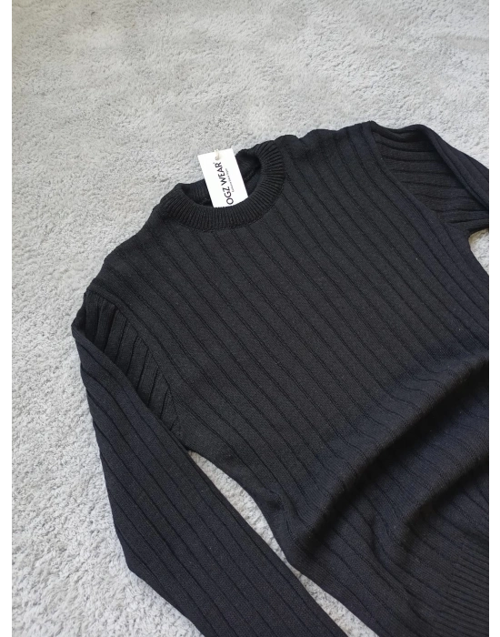 Siyah Bisiklet Yaka Premium Pamuklu Triko Kazak