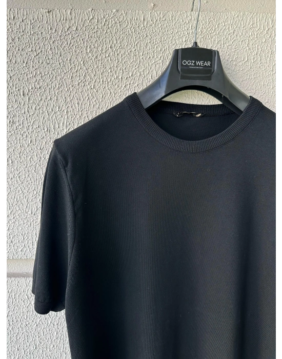 Siyah Bisiklet Yaka Premium Kumaş Triko T-Shirt