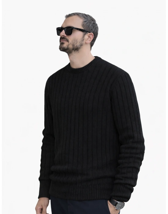 Siyah Bisiklet Yaka Premium Pamuklu Triko Kazak