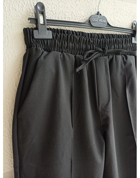 Siyah Çımalı Çizgi Detaylı Premium Gofre Kumaş Pantolon