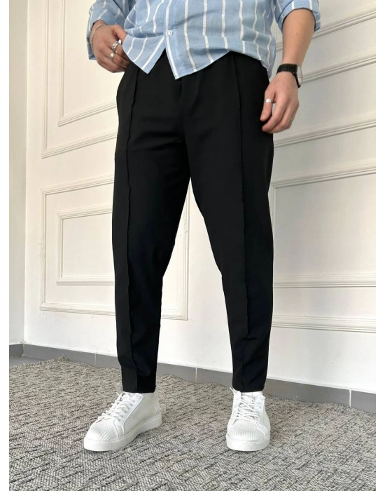 Siyah Çımalı Çizgi Detaylı Premium Gofre Kumaş Pantolon