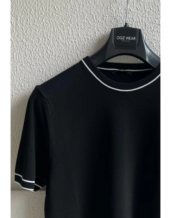 Siyah Çizgi Detay Bisiklet Yaka Premium Kumaş Triko T-Shirt