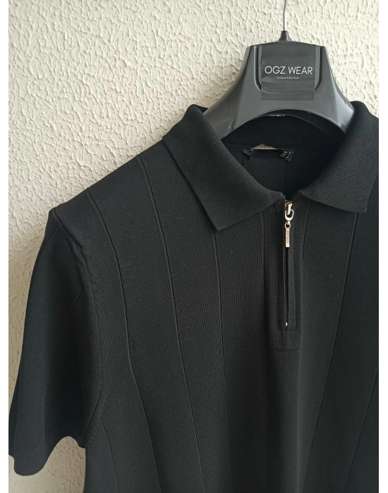 Siyah Çizgi Detaylı Basic Premium Kumaş Triko T-Shirt