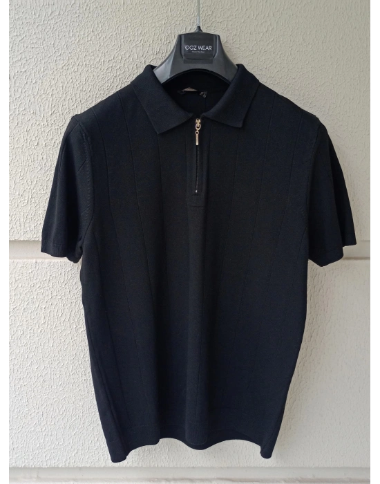 Siyah Çizgi Detaylı Basic Premium Kumaş Triko T-Shirt