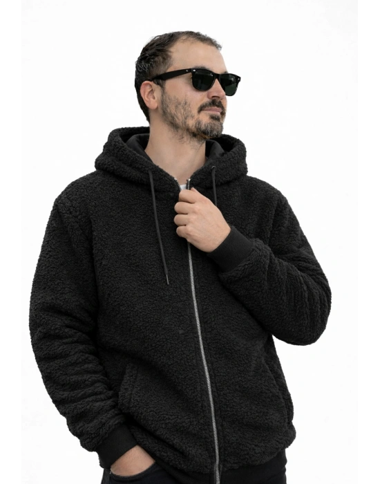 Siyah Kapşonlu İçi Astarlı Unisex Peluş Mont