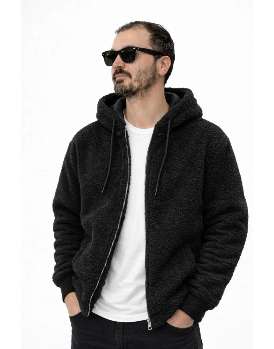 Siyah Kapşonlu İçi Astarlı Unisex Peluş Mont