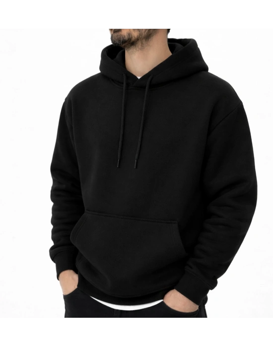 Siyah Premium 3 İplik Şardonlu Kumaş Kapşonlu Sweat