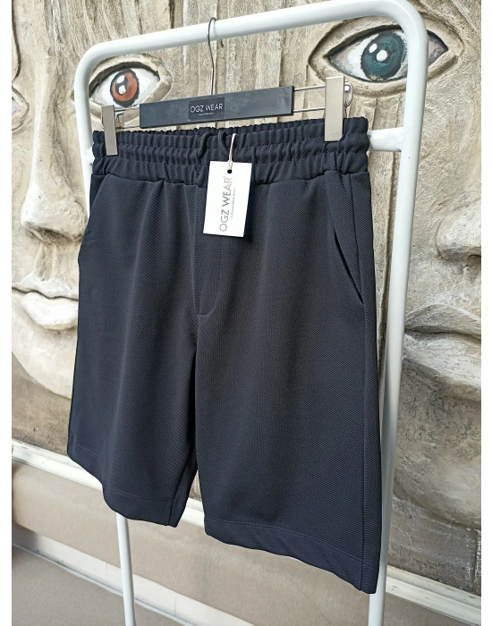 Siyah Premium Diagonal Kumaş Cepli Beli Lastikli Erkek Şort