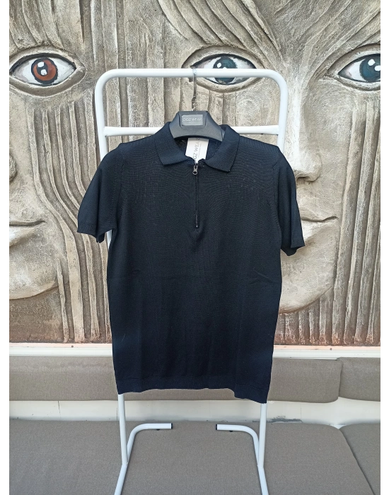 Siyah Premium Pamuklu Femuarlı Polo Yaka Örme Triko Tişört