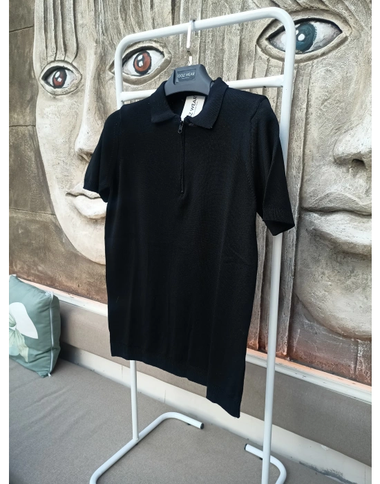 Siyah Premium Pamuklu Femuarlı Polo Yaka Örme Triko Tişört