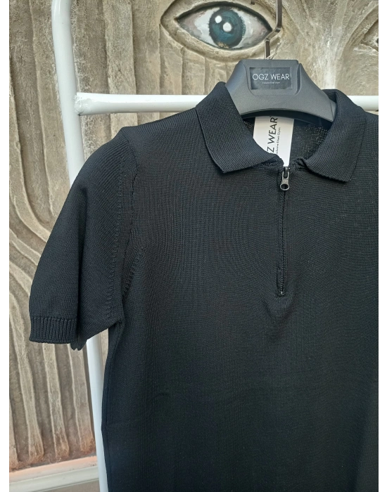 Siyah Premium Pamuklu Femuarlı Polo Yaka Örme Triko Tişört