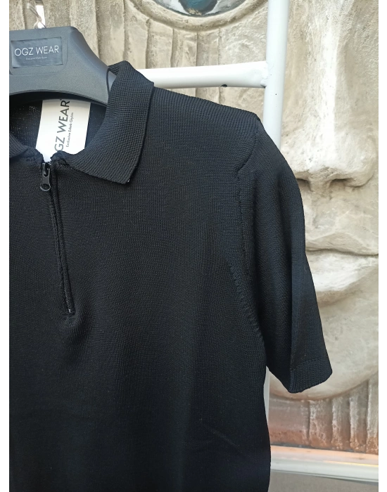 Siyah Premium Pamuklu Femuarlı Polo Yaka Örme Triko Tişört